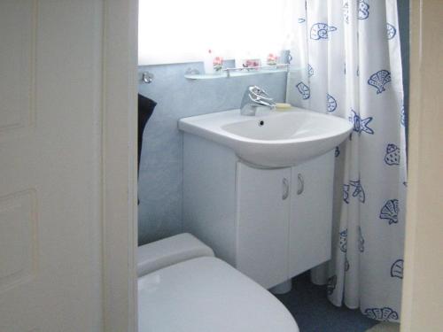 ファルケンベリにあるTwo-Bedroom Holiday home in Falkenberg 2の白いバスルーム(洗面台、トイレ付)