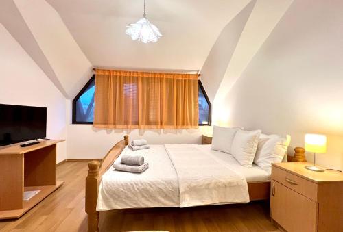 a small bedroom with a bed and a tv at Vila Simic in Soko Banja