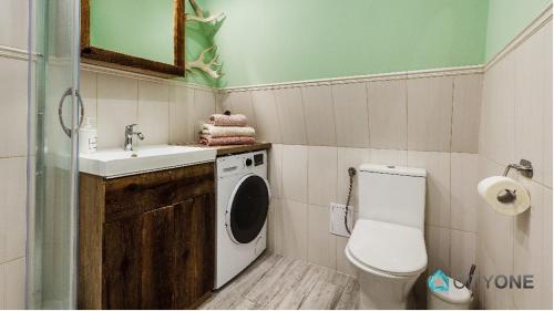 a bathroom with a toilet sink and a washing machine at Apartament z Werandą w Dworku Oliwskim in Gdańsk