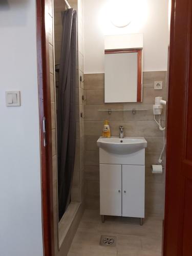 bagno con lavandino e specchio di Guest House Orczy Park a Budapest