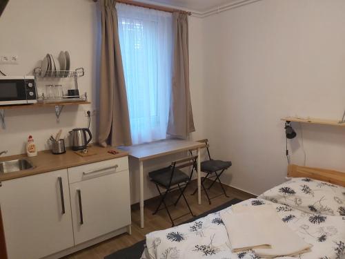 una pequeña cocina con escritorio y una cama en una habitación en Guest House Orczy Park, en Budapest