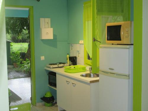 Una cocina con fregadero y microondas en un refrigerador. en Caribgites, en Sainte-Anne