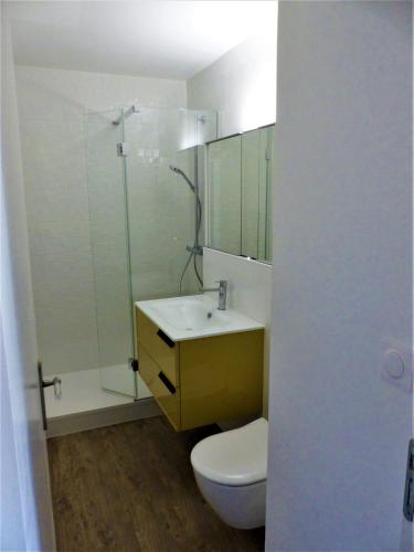 une salle de bain avec toilettes, lavabo et douche dans l'établissement AGREABLE STUDIO LUMINEUX COEUR VILLE PORNICHET, à Pornichet