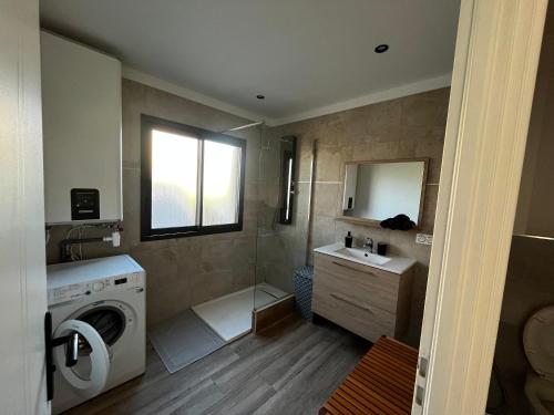 een badkamer met een wasmachine en een wastafel bij Maison en Provence in Lançon-Provence