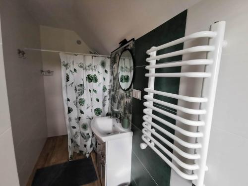 a bathroom with a sink and a mirror at Apartament Jaśmin in Polańczyk