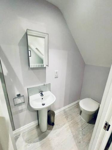a white bathroom with a sink and a toilet at The Bear Loft in Chilcompton