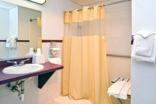 a bathroom with a shower curtain and a sink at Country Garden & Suites in Benton