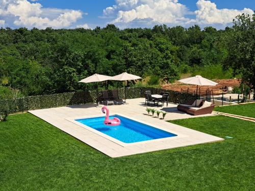 basen z różowym flamingiem w ogrodzie w obiekcie Apartments Villa Sotlar with pool w mieście Umag