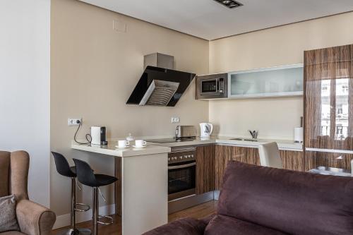 馬德里的住宿－BNBHolder Apartamentos en Sol Deluxe 1，带沙发的客厅和厨房