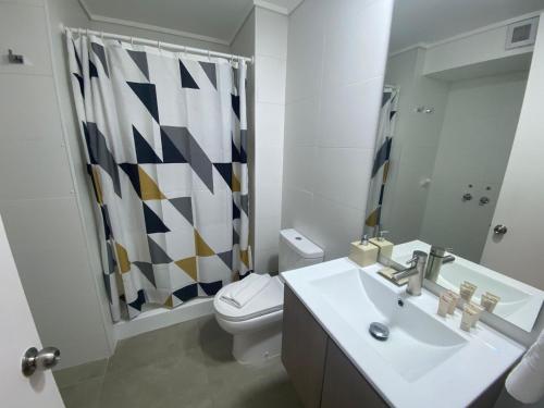 a bathroom with a sink and a toilet and a shower at Epicentro Suites Apart Hotel - Temuco in Temuco