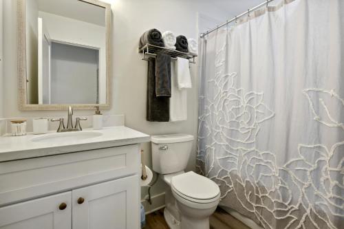a bathroom with a toilet and a shower curtain at Vacation Rental Bay St Louis walk to beach, dining, shopping, and nightlife in Bay Saint Louis