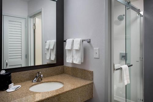 a bathroom with a sink and a mirror and a shower at Courtyard by Marriott Rockville in Rockville