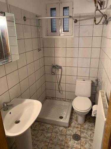 a bathroom with a shower and a toilet and a sink at Vasilis home apartment in Mazarakiá