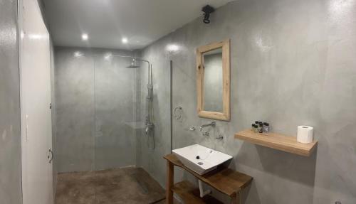 a bathroom with a shower and a sink and a mirror at Elia’s Guest House in Paralia Saranti