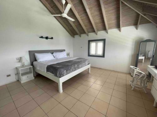 1 dormitorio con 1 cama y ventilador de techo en Charleston Beach House Barbados en Bridgetown