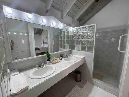 baño con 2 lavabos y espejo grande en Charleston Beach House Barbados en Bridgetown