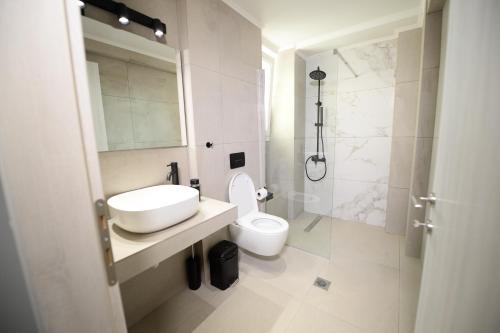 y baño con aseo, lavabo y ducha. en Ennea Suites-Frost suite en Flámbouras