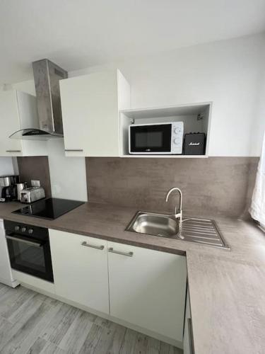 une petite cuisine avec un évier et un micro-ondes dans l'établissement Appartement 3 pièces moderne 2 à 6 personnes, à La Bourboule