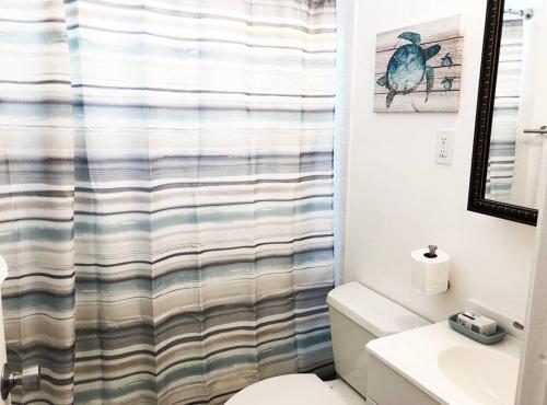 a bathroom with a shower curtain and a toilet at Modern Apartment - 2 of 4 in Punta Gorda