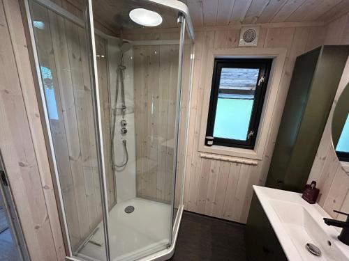 La salle de bains est pourvue d'une douche et d'un lavabo. dans l'établissement Vegglihytta - cabin with a tranquil location, à Veggli