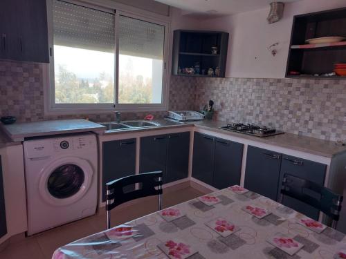 a kitchen with a sink and a washing machine at Résidence kelibia waves in Kelibia