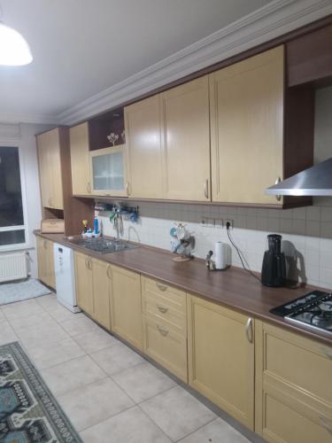 uma cozinha com armários de madeira e uma bancada em Family house em Ancara