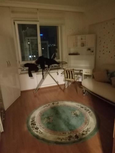 um gato num tripé numa sala de estar em Family house em Ancara