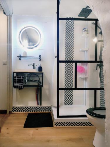 une salle de bain avec toilettes et lavabo dans l'établissement Pour les amoureux des vieilles pierres, à Poussan