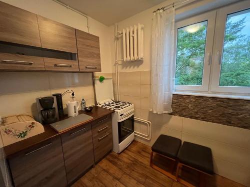 a small kitchen with a stove and a sink at Apartament Na Piątkę in Sopot