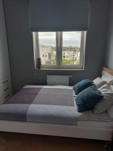 a bedroom with a large bed with a window at Apartament w Gdańsku in Gdańsk