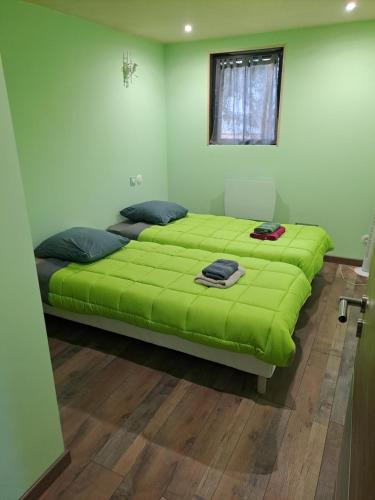カルカソンヌにあるDrissia&Othmanの緑色の大型ベッドが備わる客室です。