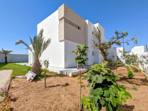 a white house with plants in front of it at Villa AZMIR Djerba in Arkou