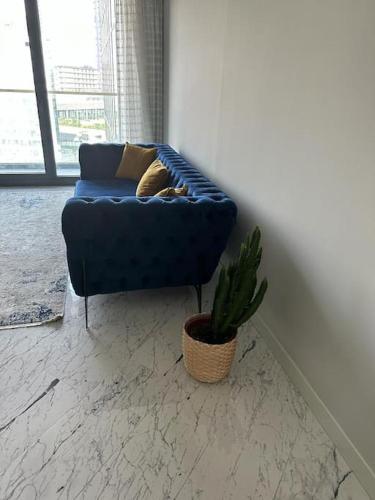 a blue couch in a living room with a potted plant at SİNPAŞ QUEEN BOMONTİ 320 in Istanbul
