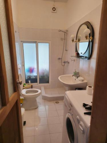 La salle de bains est pourvue d'un lavabo, de toilettes et d'un miroir. dans l'établissement Traditional House Shapllo, à Gjirokastër