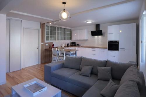 a living room with a couch and a kitchen at Appartement centre ville Rixheim in Rixheim
