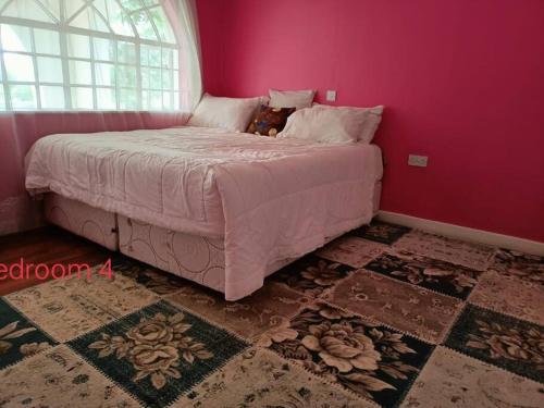 ナイロビにあるKaren white villaのピンクの壁のベッドルーム1室(大型ベッド1台付)