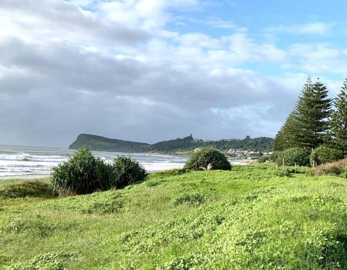 a green grassy hill with the ocean in the background at Birdsong Haven, Lennox Head in Lennox Head