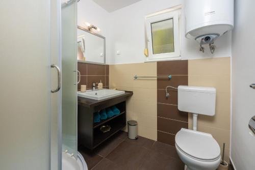 een badkamer met een toilet, een wastafel en een spiegel bij Apartment Blue harmony in Dramalj