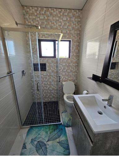 a bathroom with a shower and a toilet and a sink at Chuumba Villas in Lusaka