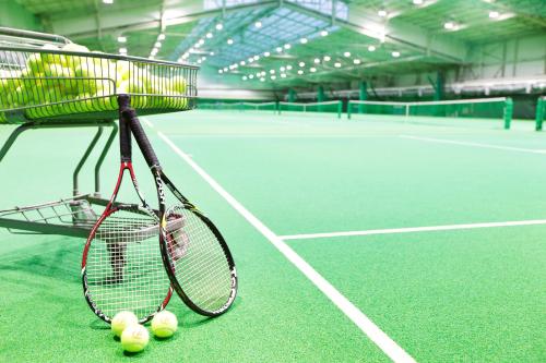 a tennis racket and balls on a tennis court at Shinagawa Prince Hotel East Tower in Tokyo
