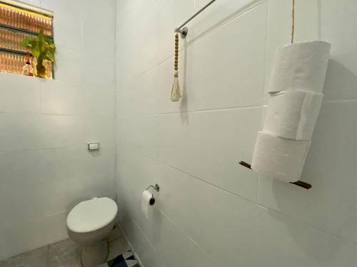 Baño blanco con aseo y rollo de papel higiénico en Sitio Boa Esperança 20km de Monte Verde en Camanducaia