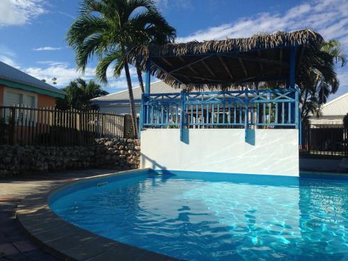 une piscine bleue avec un terrain de volley-ball et des palmiers dans l'établissement Maison Piscine et Plage à pieds St François, à Saint-François