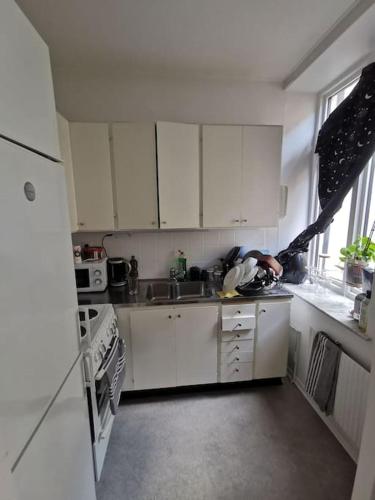 a kitchen with white cabinets and a person in the sink at Studio in Malmö