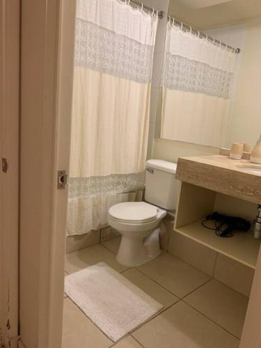 a white bathroom with a toilet and a sink at vacaciones con laguna in Algarrobo