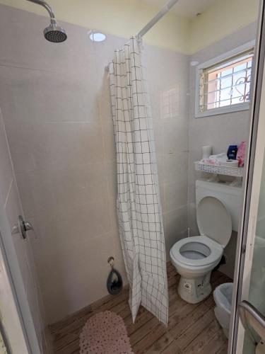 a bathroom with a toilet and a shower curtain at חדר אירוח צפתי לזוג in Safed