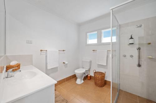 a bathroom with a toilet and a sink and a shower at Burrill Lake Cottage in Burrill Lake
