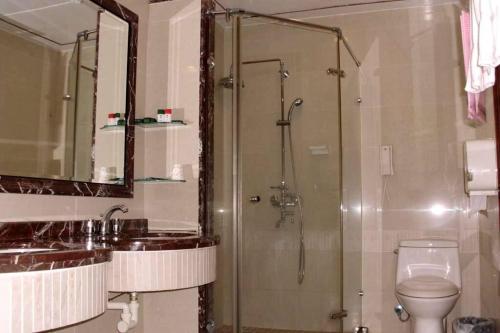 a bathroom with a shower and a toilet and a sink at Jia Yun Business Hotel in Yongkang