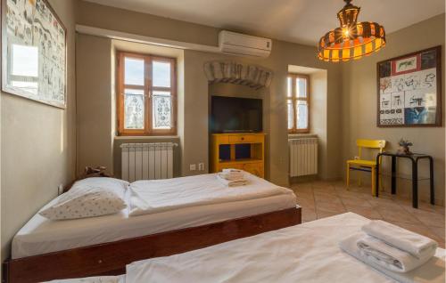 a bedroom with two beds and a flat screen tv at Pet Friendly Home In Gora Glusic With House Sea View in Stanišovi