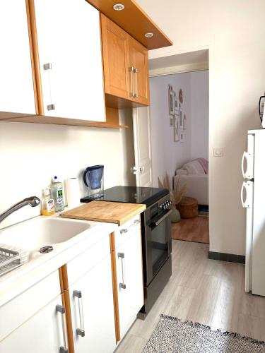 une cuisine avec un évier et une cuisinière dans l'établissement La Petite Rémoise - Hyper Centre, à Reims