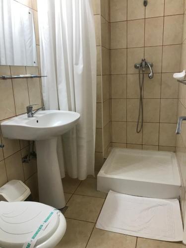 y baño con aseo, lavabo y ducha. en Hotel Hefaistos - Sovata, en Sovata